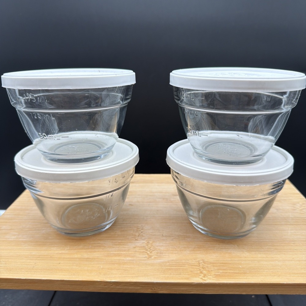 Lot of 4 Pampered Chef Clear Glass Prep Measuring Bowls 3/4 Cup 175 ml & 4 Lids